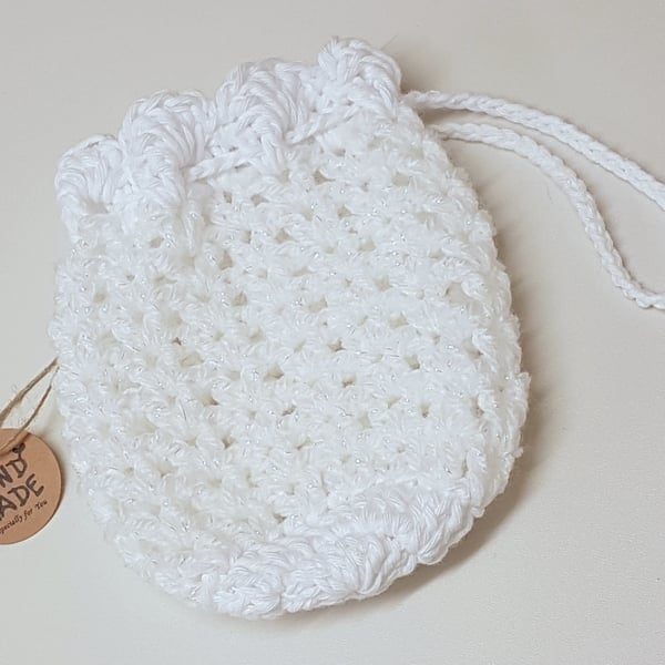 White sparkly drawstring pouch bag