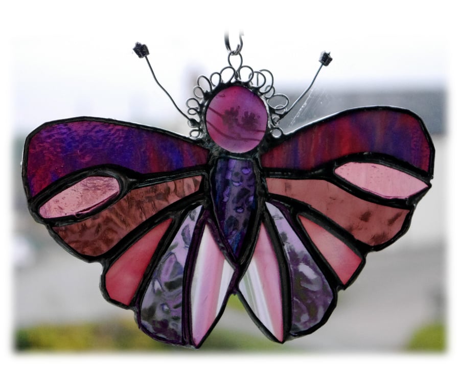 Cranberry Butterfly Suncatcher Stained Glass Handmade 064