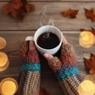 Handmade Crochet Fingerless Gloves Rust Brown Teal Wrist Warmers Boho