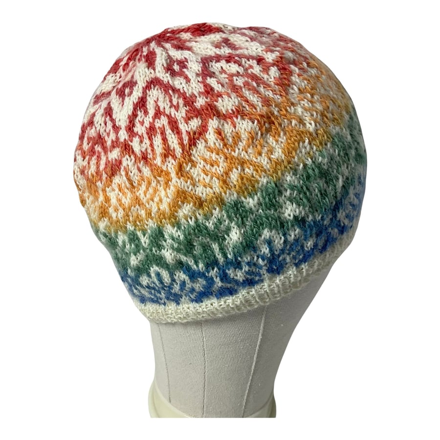 stranded hat with a colourful clouds pattern Norwegian rainbow beret, slouchy 