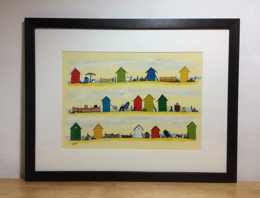 Beside the sea - A4 framed print of illustration of beach huts