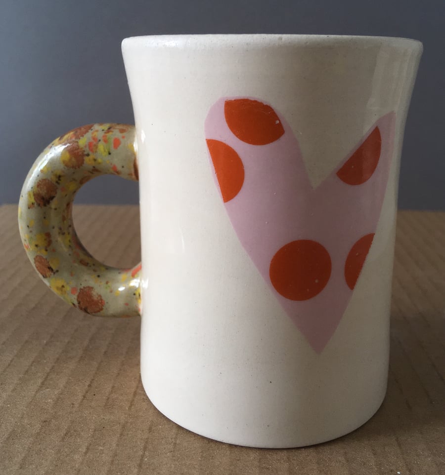 Coffee cup. Handmade. Pottery wheel. Heart. Mug. Valentine. Tea lover. Spots.