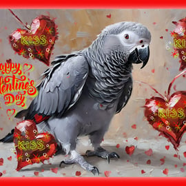 African Grey Parrot Happy Valentine's Day Card 
