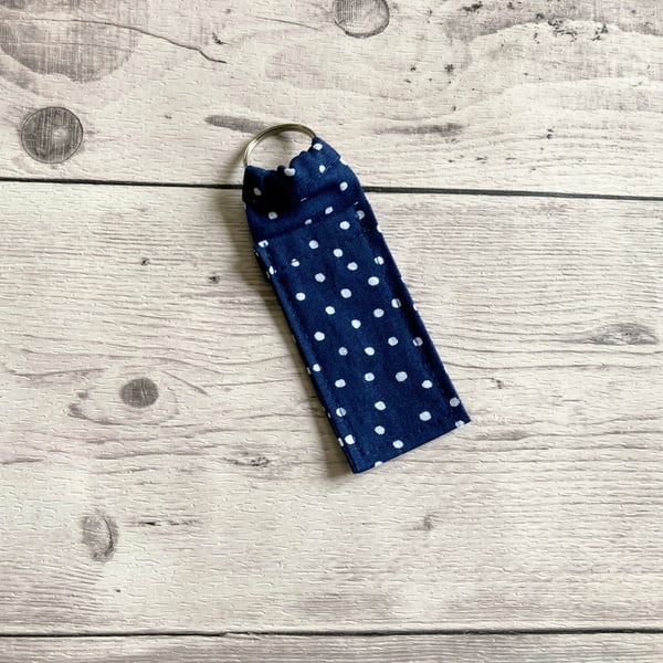 Lip balm cotton fabric keyring. Blue, spotty polka dot.