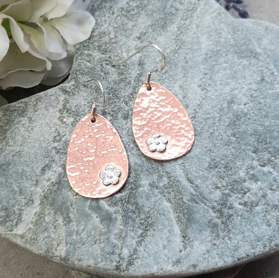  Copper and Sterling Silver Flower Drop Earrings Sterling Silver Ear Wires