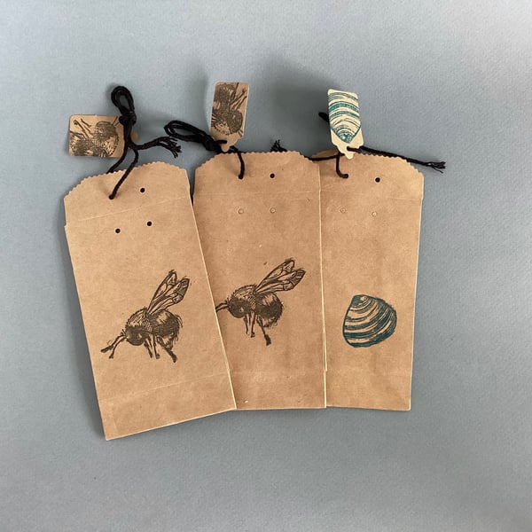 Small gift bags - perfectly imperfect, hand printed, bee, sea shell, 