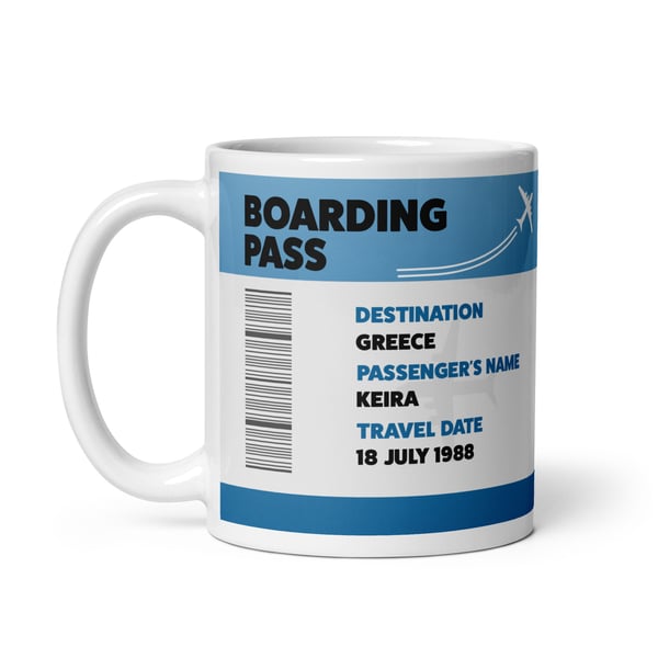 Personalised boarding pass, flight, 11oz, 15oz mug with name and destination