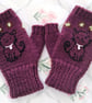 Dark Raspberry Pink Hand Knitted Gloves With Embroidered Cat (J182)