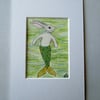 Merbunny Mermaid Bunny Rabbit ACEO original miniature painting in mount