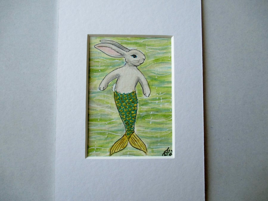Merbunny Mermaid Bunny Rabbit ACEO original miniature painting in mount