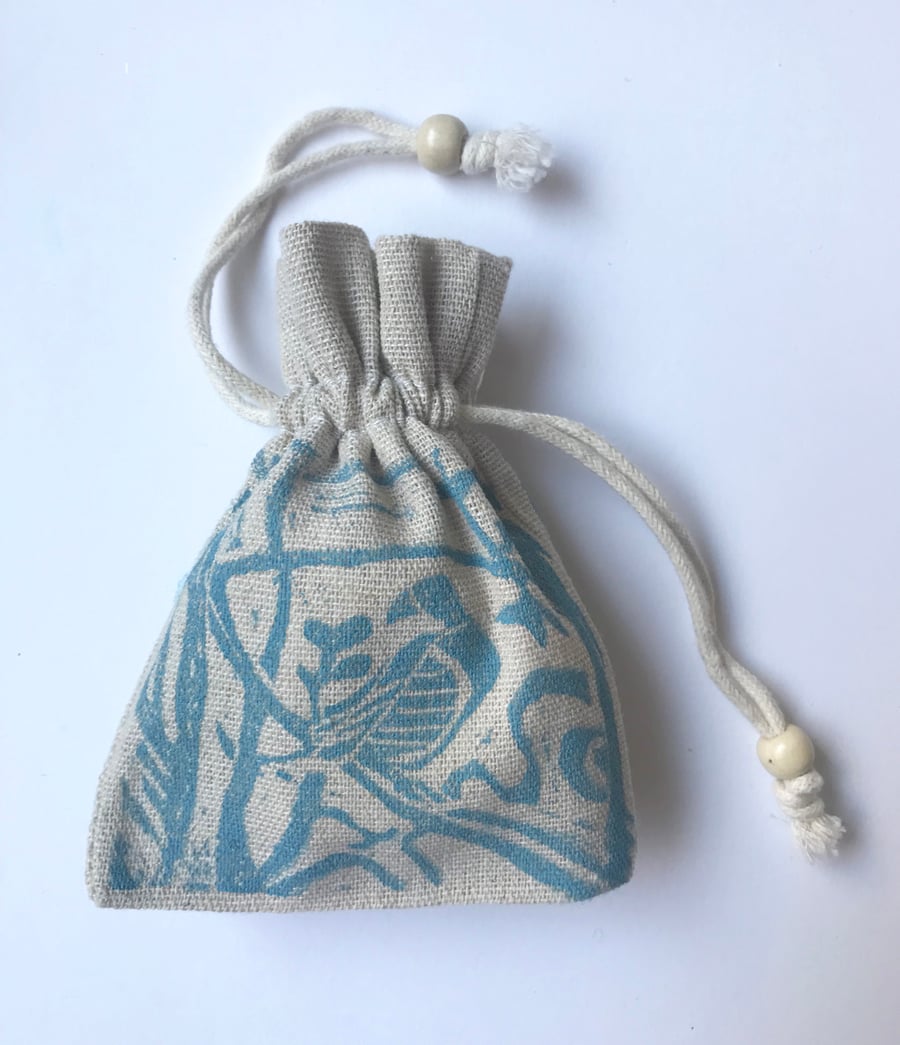Bird in tree block print natural cotton drawstring small beaded gift bag 