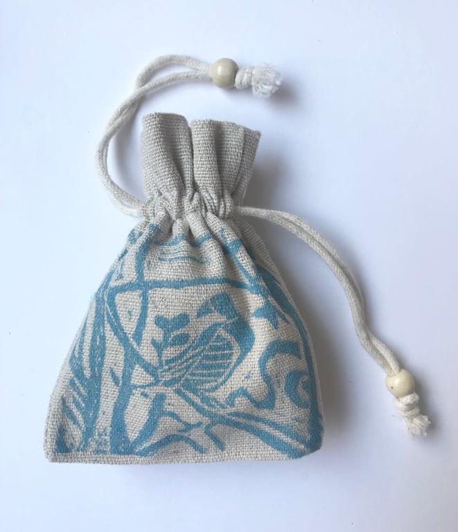 Bird in tree block print natural cotton drawstring small beaded gift bag 