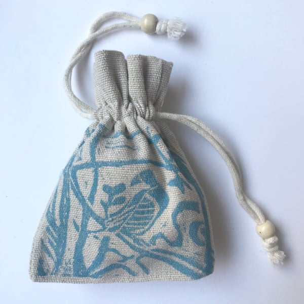 Bird in tree block print natural cotton drawstring small beaded gift bag 