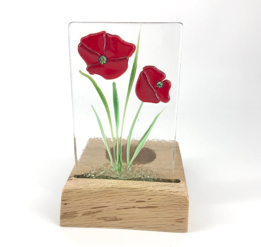 Fused Glass Poppies in a Handcrafted Oak Tea Light Holder