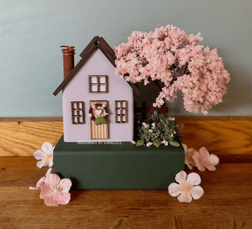 Handmade Lilac Wooden Blossom Tree Cottage House, Scandinavian Spring Decor