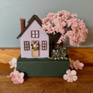 Handmade Lilac Wooden Blossom Tree Cottage House, Scandinavian Spring Decor