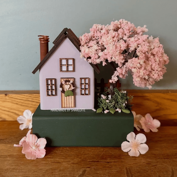 Handmade Lilac Wooden Blossom Tree Cottage House, Scandinavian Spring Decor