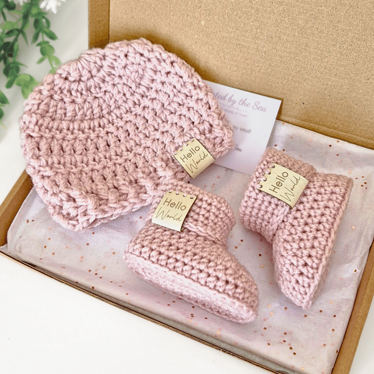 Hello World Crochet Baby Hat and Booties Set - Keepsake Gift