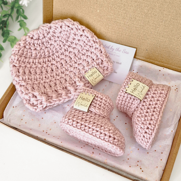 Hello World Crochet Baby Hat and Booties Set - Keepsake Gift
