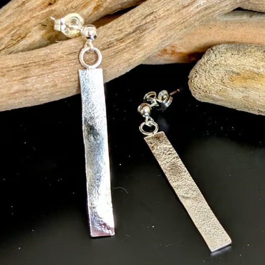 Image of Flat Column Textured Sterling Silver Drop Earrings