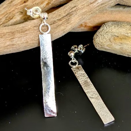Flat Column Textured Sterling Silver Drop Earrings