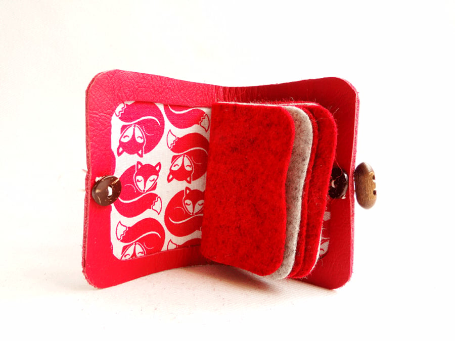  Needle Case  -Fox Fabric -  Sewing Accessory - Red Leather Needle Book 