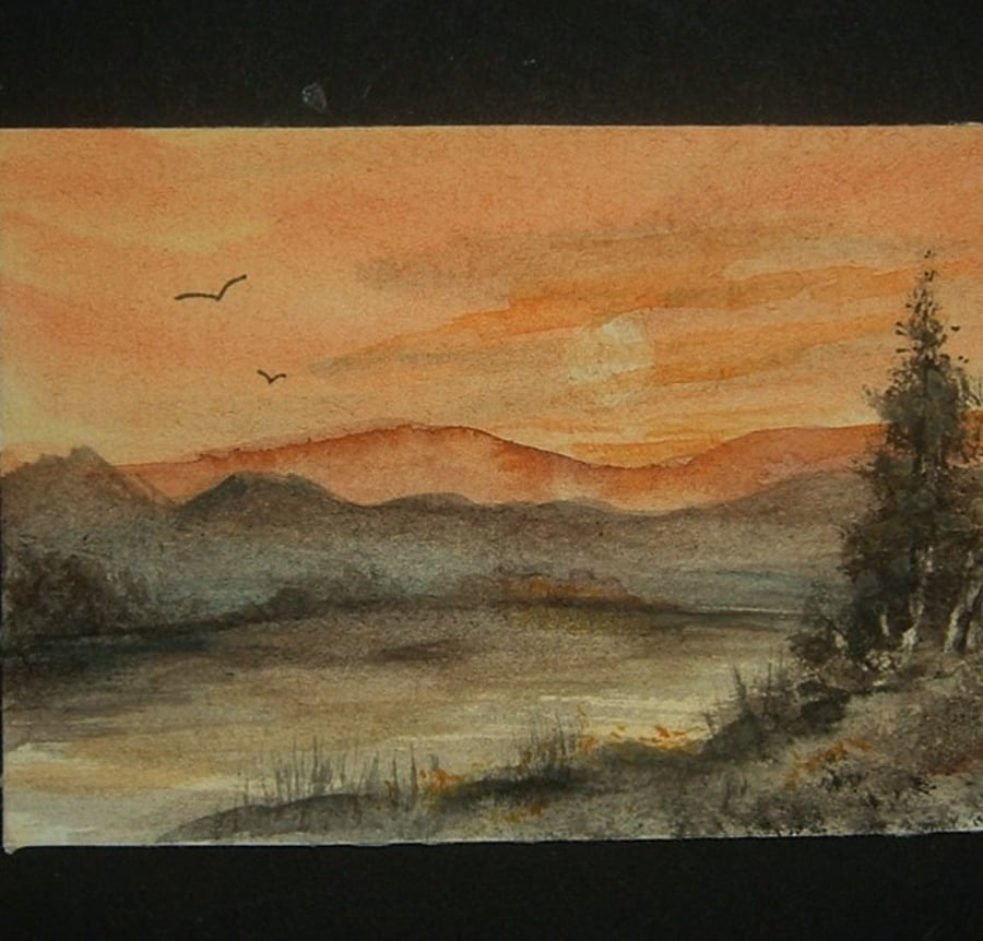 sunset art painting aceo original watercolour ref 284