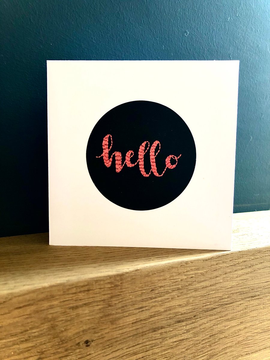 Hello, embroidered card, new home, thank you, handmade, pink & black, unique