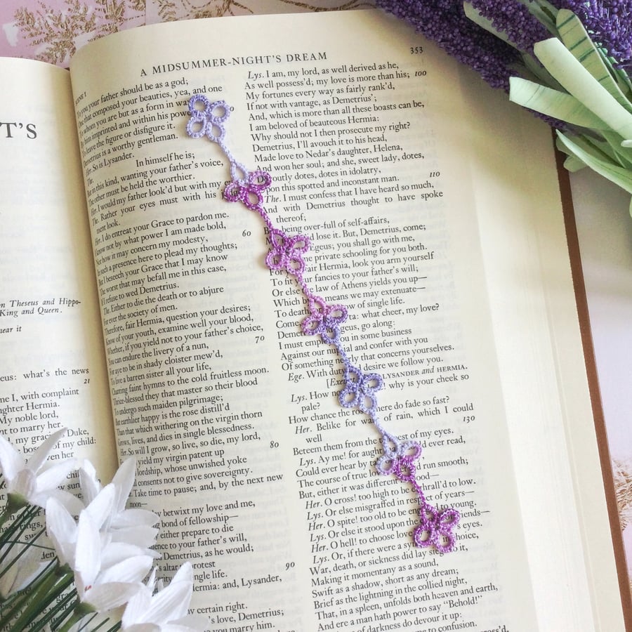 Ethereal Bookmark in Tatted Lace in Lilac, Purple and White Cotton Thread