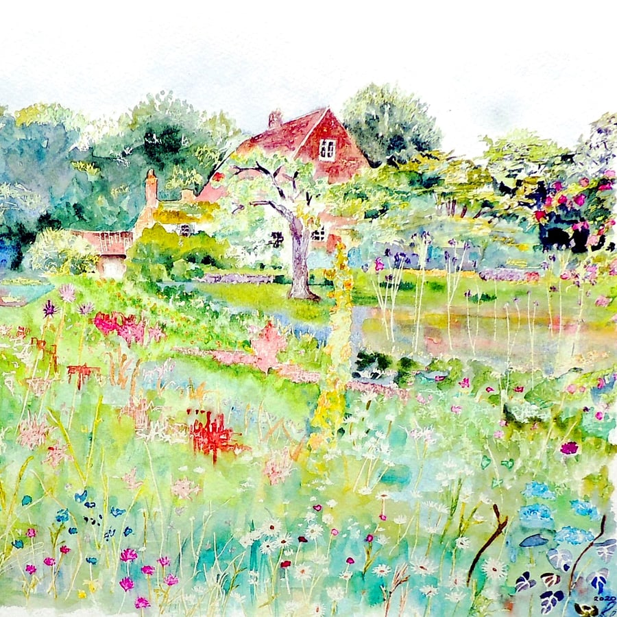 House & Summer Garden Blank Greeting Card from Original Watercolour Painting