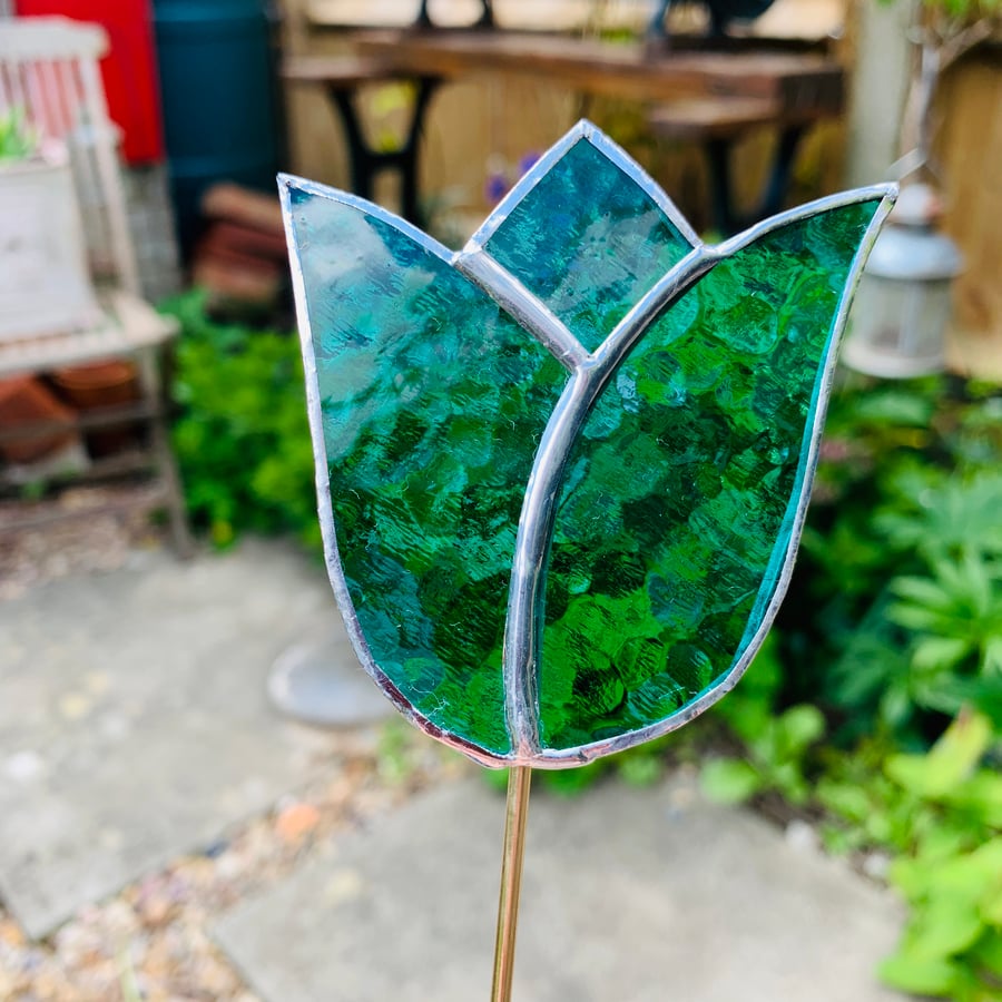 Stained  Glass Tulip Stake Large - Handmade Plant Pot Decoration -  Aqua