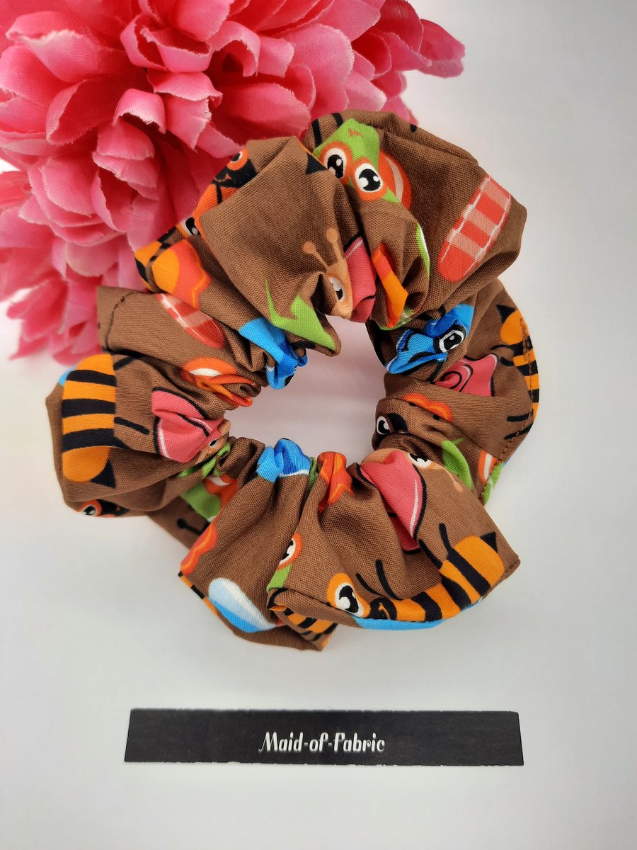 Hair scrunchie in brown creepy crawlie fabric,  free uk delivery 
