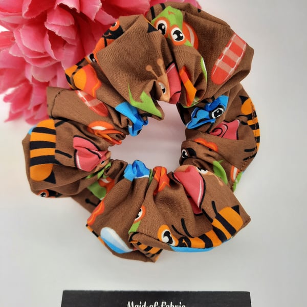 Hair scrunchie in brown creepy crawlie fabric,  free uk delivery 