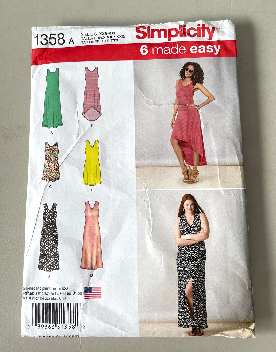 Simplicity 1358A Sewing Pattern for a dress. Size XXS to XXL - Uncut