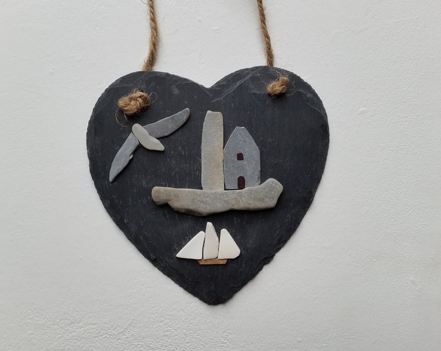 Cornish Tin Mine, Tall Ship and Sea Gull, Slate Heart, Made in Cornwall