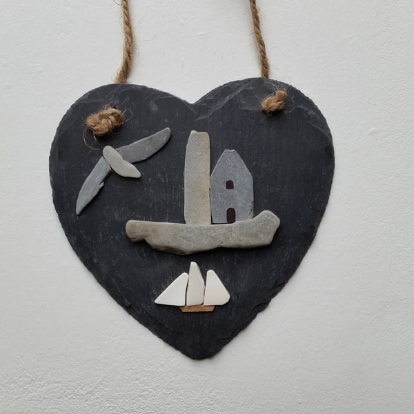Cornish Tin Mine, Tall Ship and Sea Gull, Slate Heart, Made in Cornwall
