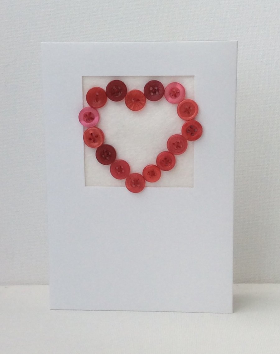 Valentine’s Day Card, Red Button heart, white Card 