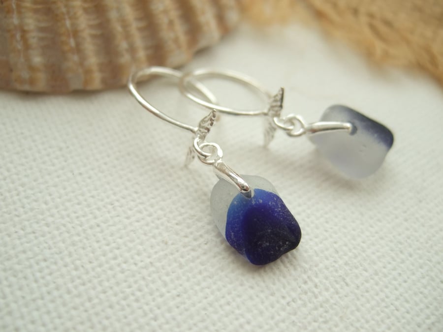 Seaham sea glass earrings, sea glass blue multi colour sterling silver earrings