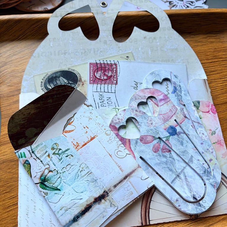 Handmade Vintage Floral Envelope, Paper Clip Bookmarks, Postcards bundle