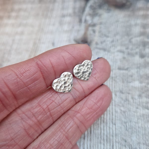 Sterling Silver Hammered Heart Stud Earrings - JBJ3001