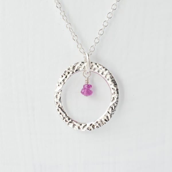 Pink Sapphire with Fine Silver Circle Pendant Necklace