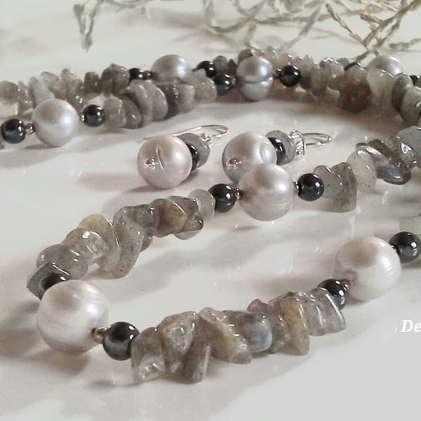 Natural Labradorite, Freshwater Pearl & Heamotite Necklace Set