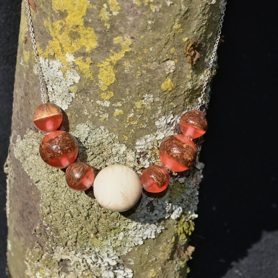 Mixed Epoxy Red Resin and Wood beads, with Pine large bead necklace.