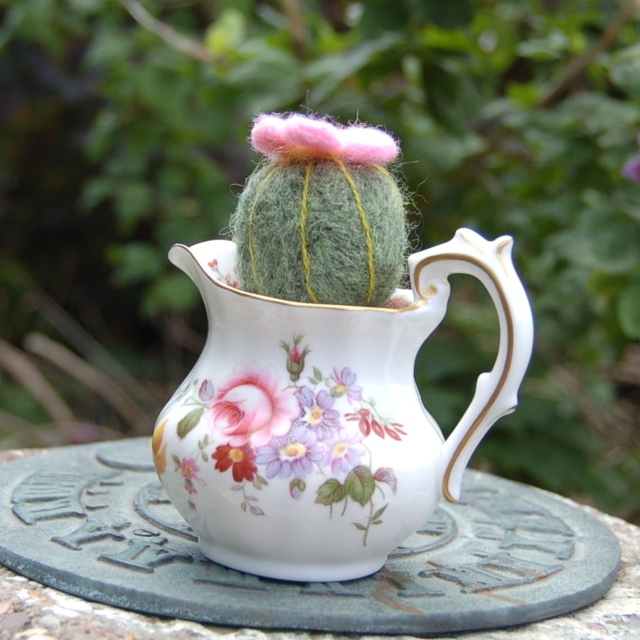 Needle Felt Wool Cactus Displayed in a small Vintage Crown Derby jug