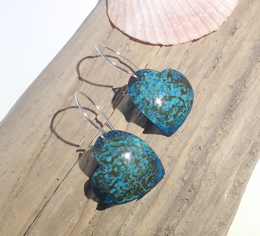 Turquoise Verdigris Patinated Copper Heart Earrings - UK Free Post
