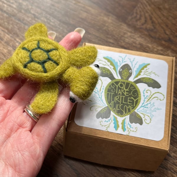 Needle felted lime green turtle with free ‘you are turtley awesome’ gift box