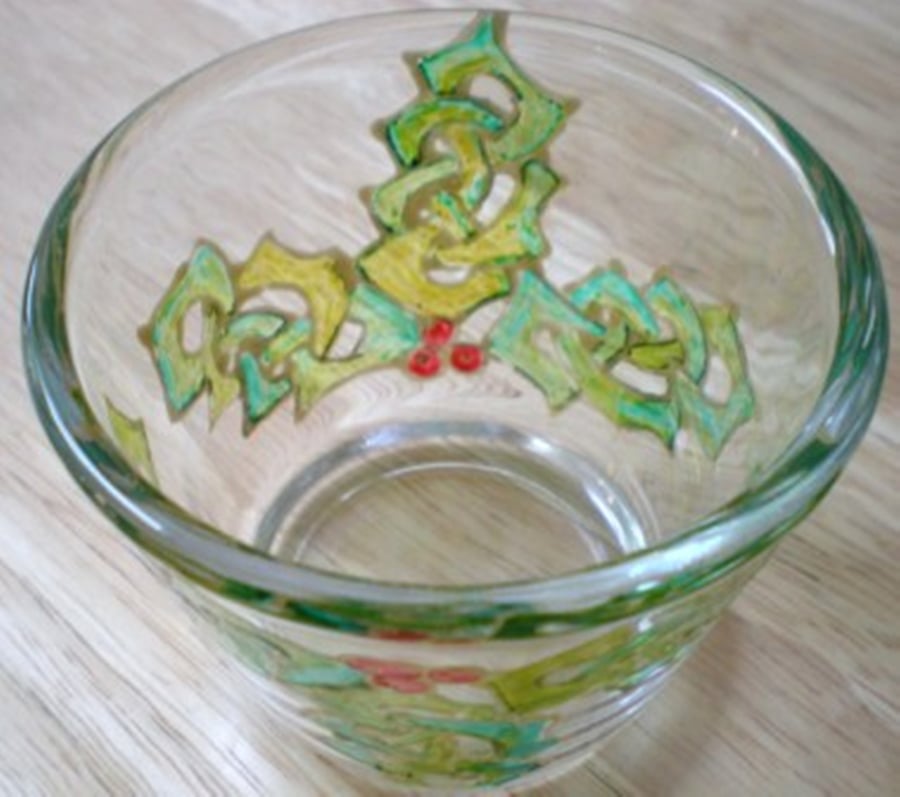 Votive - tealight holder with hand painted Celtic Knot work Holly leaves