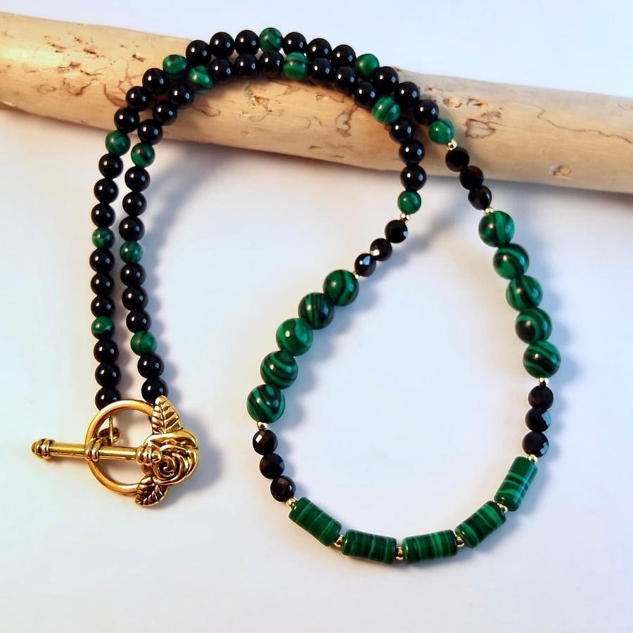 Malachite And Onyx Necklace With Black Spinel & Gold Vermeil - Handmade In Devon