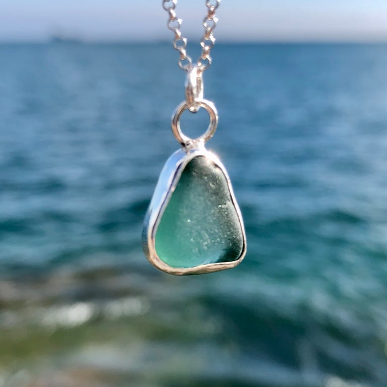 Stunning Teal Sea Glass and Sterling Silver Pendant Necklace - 1102