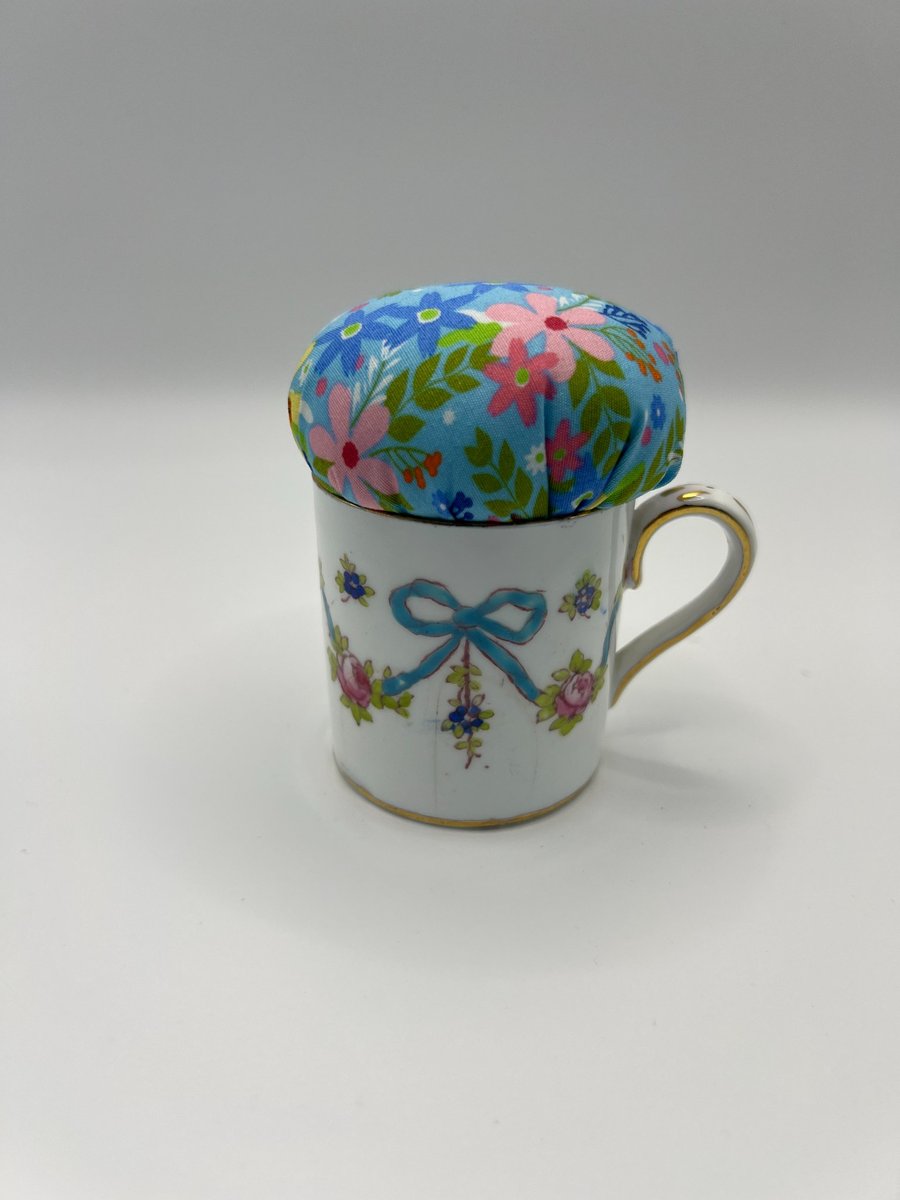 Vintage Upcycled Blue Ribbon Cup Pin Cushion